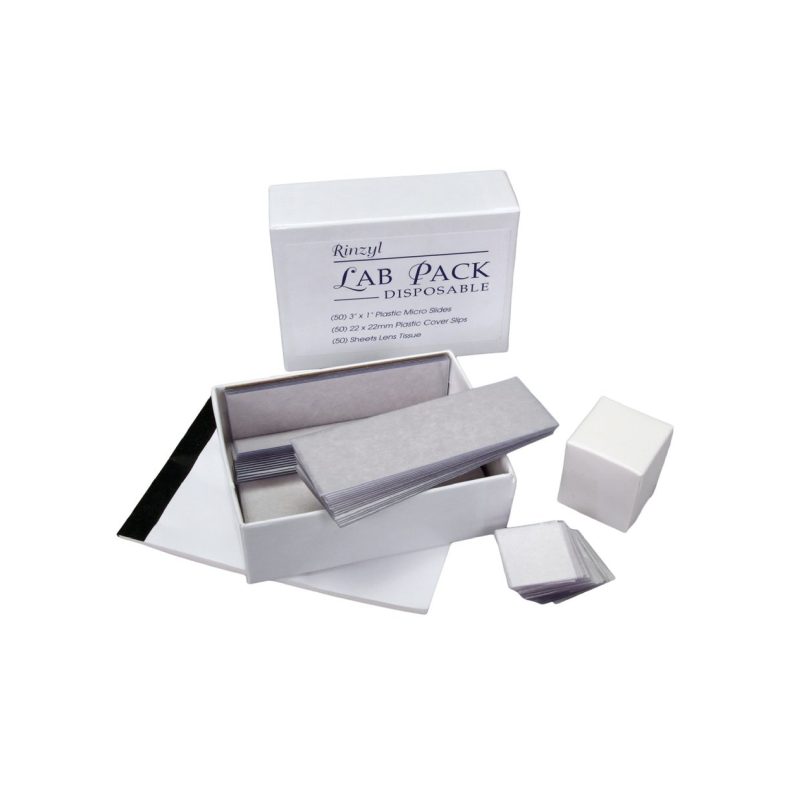 Paquete de laboratorio desechable | 50 portaobjetos, 50 cubreobjetos de plástico y folleto de papel para lentes (632920)